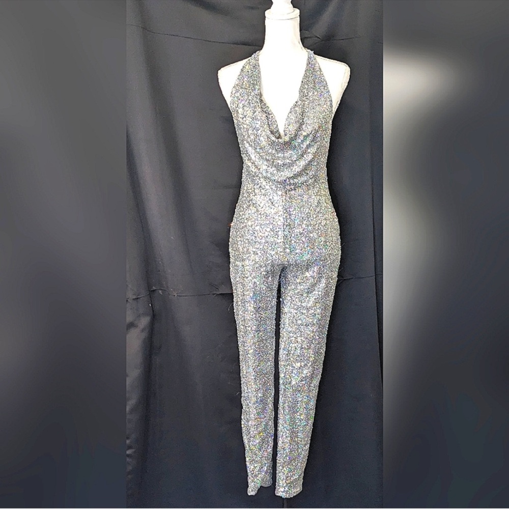 Backless Silver Halter Jumpsuit